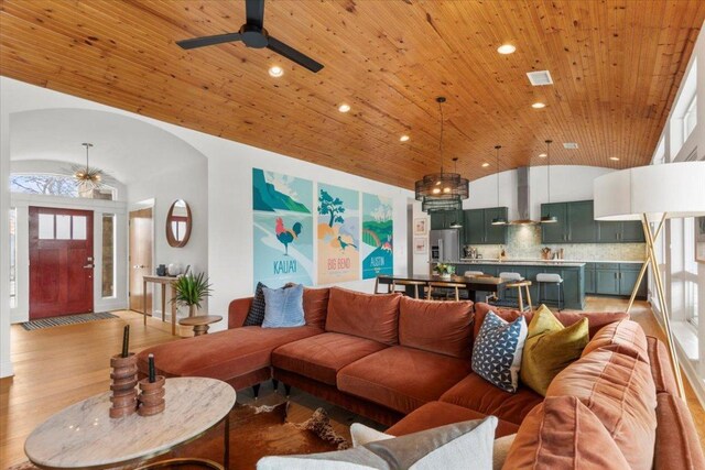 510 W 22nd St, Georgetown, TX 78626 - living room with lofted ceiling, ceiling fan, wood ceiling, recessed lighting, and light wood-style floors