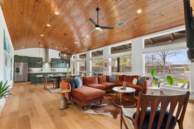 510 W 22nd St, Georgetown, TX 78626 - living room featuring lofted ceiling, light wood finished floors, wood ceiling, ceiling fan, and recessed lighting