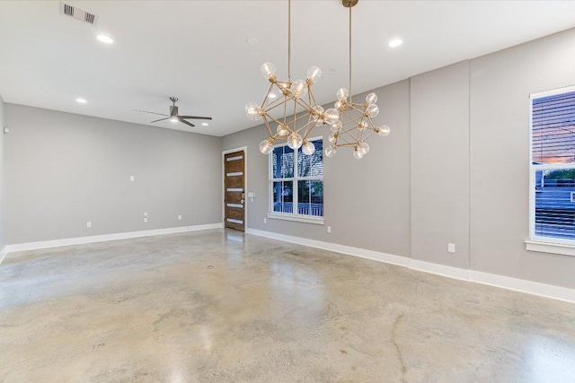 1811 Cedar Ave, Austin, TX 78702 - empty room featuring finished concrete floors, baseboards, a chandelier, ceiling fan, and recessed lighting