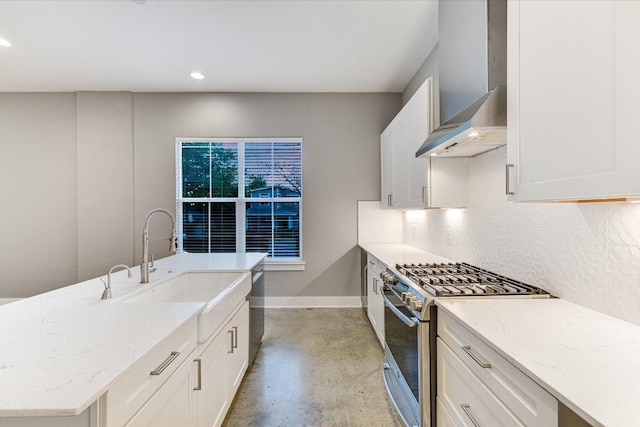 1811 Cedar Ave, Austin, TX 78702 - kitchen with stainless steel appliances, wall chimney exhaust hood, finished concrete floors, a sink, and white cabinets