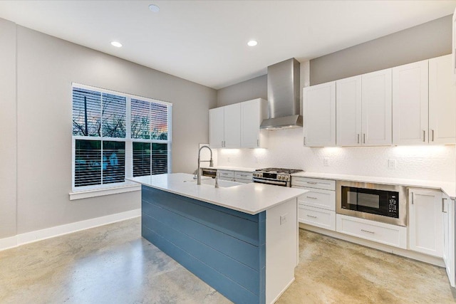 1811 Cedar Ave, Austin, TX 78702 - kitchen with built in microwave, wall chimney range hood, a sink, high end stove, and white cabinetry