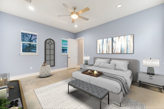 1811 Cedar Ave, Austin, TX 78702 - bedroom with baseboards, recessed lighting, finished concrete floors, and ceiling fan