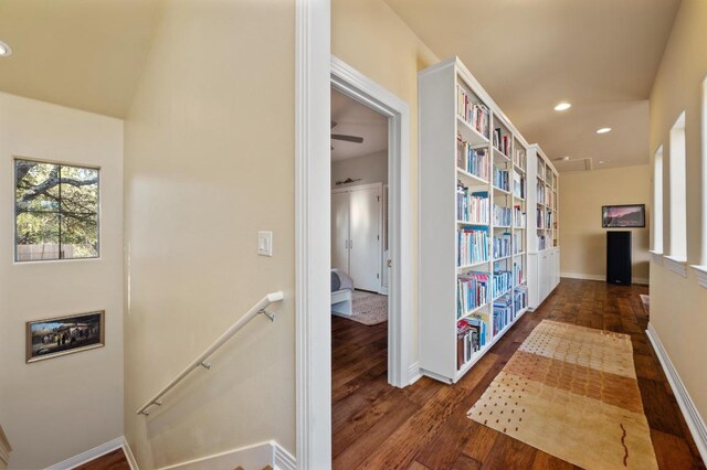 101 Knarr St, Austin, TX 78734 - hallway with an upstairs landing, wood finished floors, and recessed lighting
