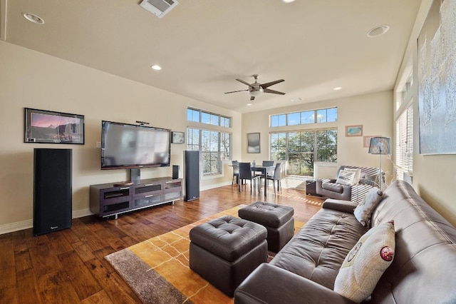 101 Knarr St, Austin, TX 78734 - living room with a ceiling fan, recessed lighting, and dark wood-type flooring