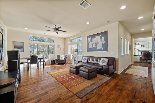 101 Knarr St, Austin, TX 78734 - living room featuring recessed lighting, ceiling fan, and dark wood finished floors
