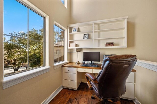 101 Knarr St, Austin, TX 78734 - office with dark wood finished floors and built in study area