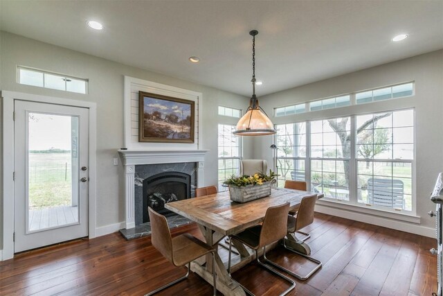 18190 Round Hall Rd, Holland, TX 76534 - dining area featuring dark wood-style flooring, a premium fireplace, and plenty of natural light