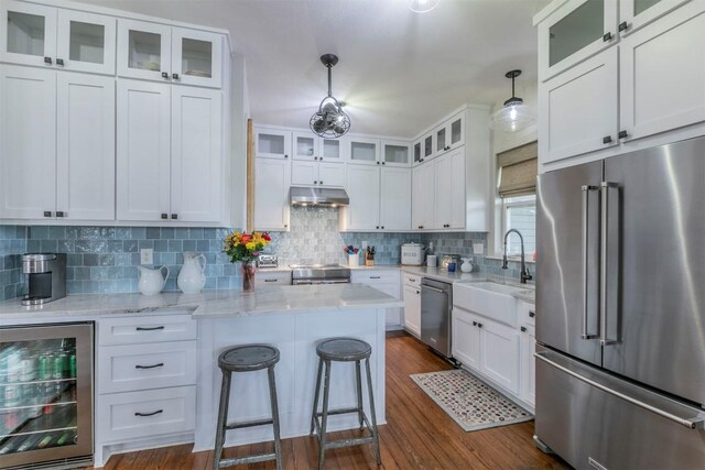 18190 Round Hall Rd, Holland, TX 76534 - kitchen featuring a sink, white cabinetry, appliances with stainless steel finishes, beverage cooler, and under cabinet range hood
