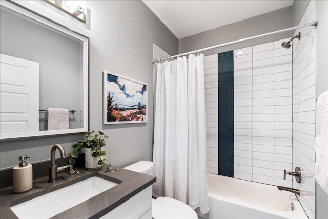 full bathroom featuring toilet, shower / bath combination with curtain, and vanity