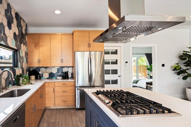 kitchen featuring appliances with stainless steel finishes, a sink, ventilation hood, light countertops, and recessed lighting