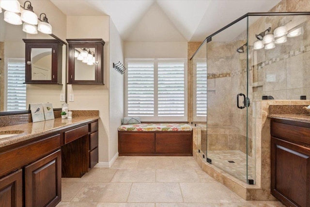 8016 Tahoe Parke Cir, Austin, TX 78726 - bathroom featuring vanity, a stall shower, and vaulted ceiling
