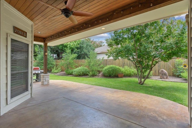 8016 Tahoe Parke Cir, Austin, TX 78726 - fenced backyard featuring a ceiling fan, a patio area, and area for grilling