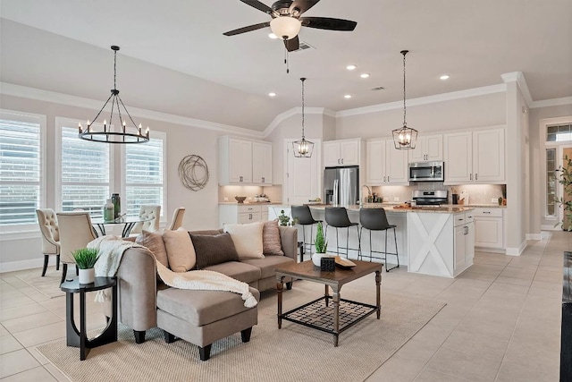 5141 Cornetto Blfs, Round Rock, TX 78665 - living area with a chandelier, plenty of natural light, a ceiling fan, light tile patterned flooring, and crown molding
