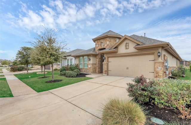 view of front facade featuring stucco siding, driveway, stone siding, a front yard, and a garage