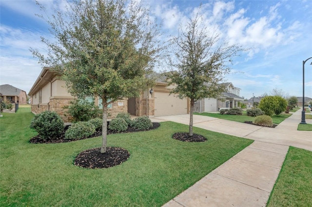 obstructed view of property featuring a front yard, an attached garage, stone siding, a residential view, and driveway
