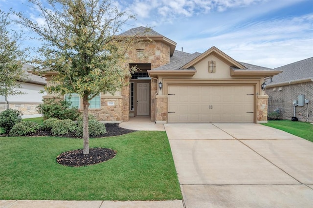 view of front of house featuring an attached garage, stone siding, stucco siding, a front lawn, and driveway