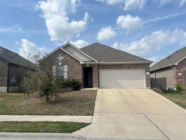 7900 Nightwing Rd, Austin, TX 78724 - ranch-style house featuring driveway, roof with shingles, fence, brick siding, and a garage