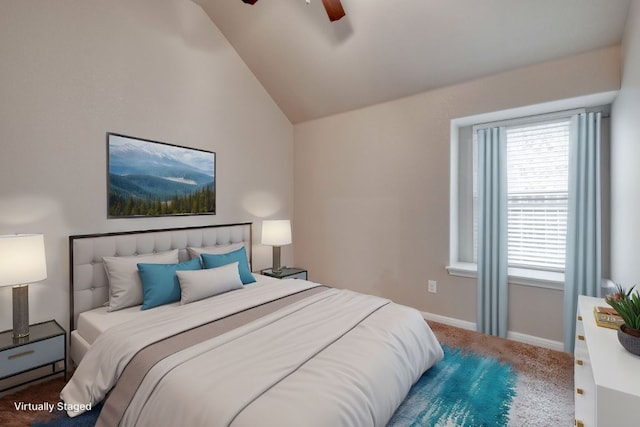 carpeted bedroom with lofted ceiling, baseboards, and a ceiling fan