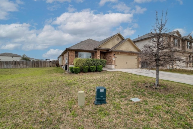 ranch-style home featuring driveway, brick siding, and a garage