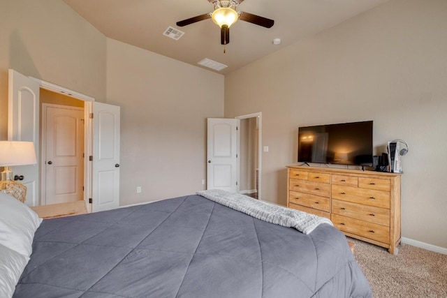 bedroom with high vaulted ceiling, carpet, baseboards, and a ceiling fan
