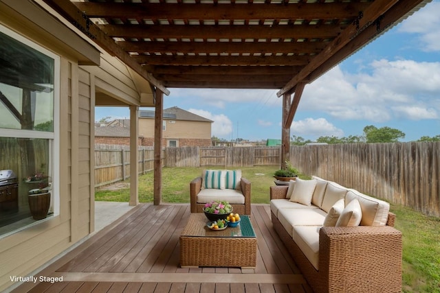 wooden deck with an outdoor living space