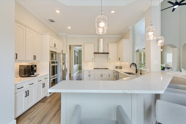 9204 Eddy Cv, Austin, TX 78735 - kitchen with wall chimney exhaust hood, stainless steel appliances, tasteful backsplash, a peninsula, and crown molding