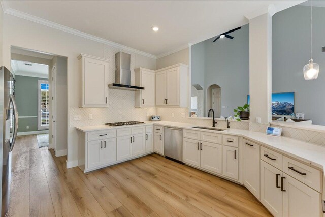 9204 Eddy Cv, Austin, TX 78735 - kitchen with wall chimney exhaust hood, appliances with stainless steel finishes, crown molding, backsplash, and light countertops