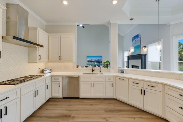 9204 Eddy Cv, Austin, TX 78735 - kitchen featuring wall chimney range hood, stainless steel appliances, crown molding, backsplash, and light countertops