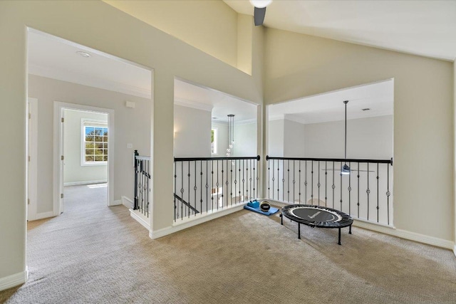 9204 Eddy Cv, Austin, TX 78735 - hallway featuring carpet flooring, an upstairs landing, and lofted ceiling