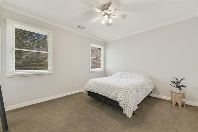 9204 Eddy Cv, Austin, TX 78735 - carpeted bedroom featuring ornamental molding, multiple windows, and a ceiling fan