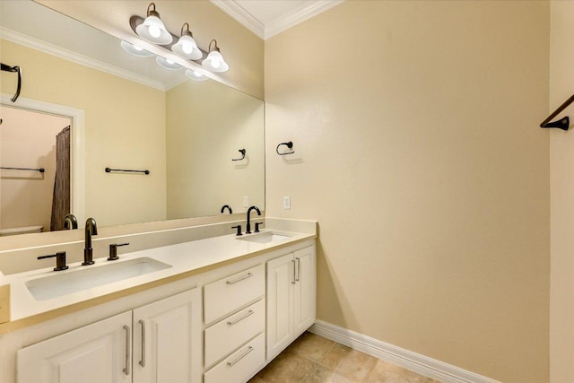 9204 Eddy Cv, Austin, TX 78735 - bathroom featuring double vanity, baseboards, crown molding, and tile patterned floors