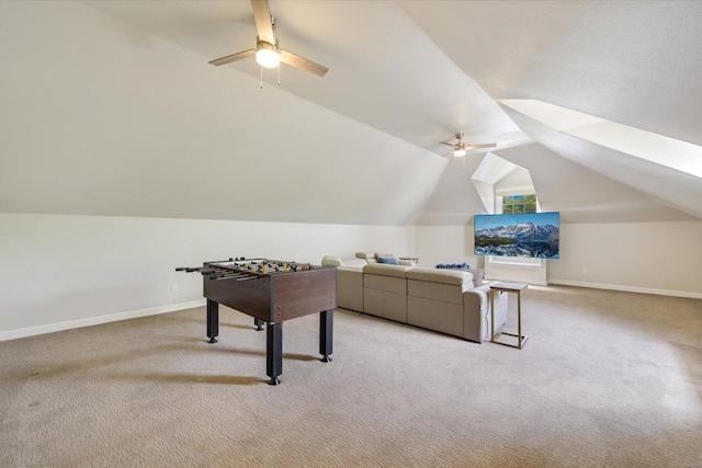 9204 Eddy Cv, Austin, TX 78735 - rec room with a ceiling fan, light carpet, and vaulted ceiling