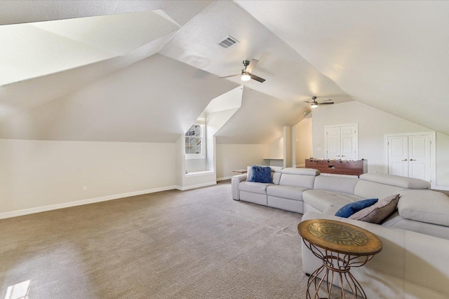 9204 Eddy Cv, Austin, TX 78735 - living area with carpet floors, ceiling fan, and lofted ceiling