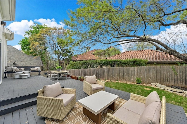9204 Eddy Cv, Austin, TX 78735 - wooden terrace featuring an outdoor living space, a fenced backyard, and outdoor dining space