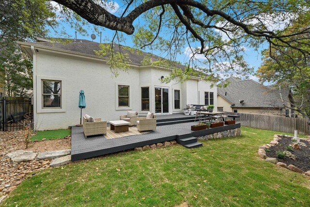 9204 Eddy Cv, Austin, TX 78735 - back of property featuring an outdoor hangout area, a fenced backyard, a wooden deck, and stucco siding
