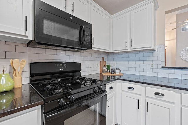 1142 Sundrop Pl, Round Rock, TX 78665 - kitchen featuring black appliances, white cabinetry, backsplash, and dark stone counters