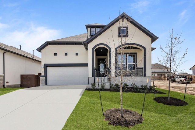 8212 Bouvreuil Dr, Austin, TX 78738 - view of front facade featuring stucco siding, driveway, a front yard, an attached garage, and a shingled roof