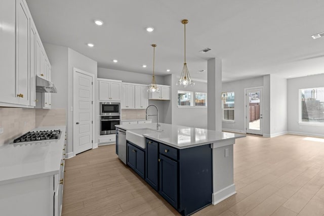 8212 Bouvreuil Dr, Austin, TX 78738 - kitchen featuring a sink, blue cabinets, stainless steel appliances, under cabinet range hood, and white cabinetry
