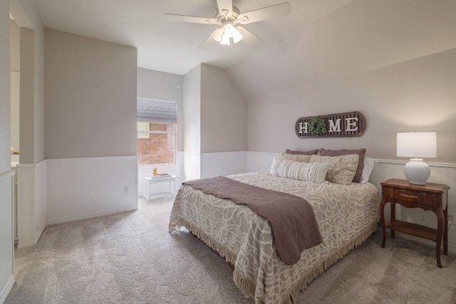 10204 Treasure Island Dr, Austin, TX 78730 - bedroom with carpet flooring, wainscoting, a ceiling fan, and vaulted ceiling