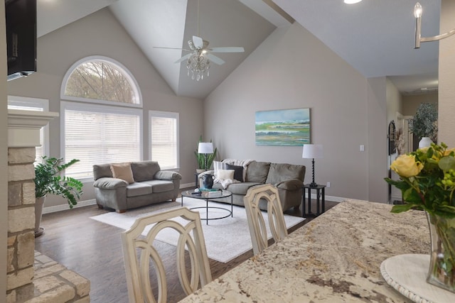 10204 Treasure Island Dr, Austin, TX 78730 - living area featuring plenty of natural light, high vaulted ceiling, wood finished floors, and a ceiling fan