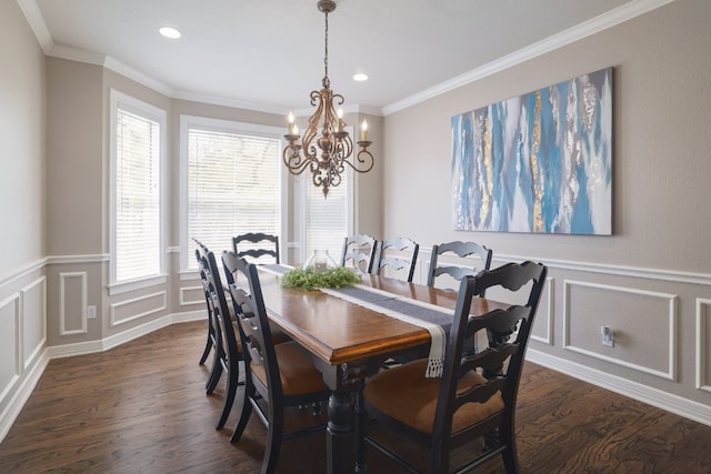 10204 Treasure Island Dr, Austin, TX 78730 - dining room featuring dark wood-style floors, a chandelier, a decorative wall, recessed lighting, and wainscoting