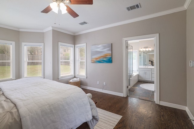 10204 Treasure Island Dr, Austin, TX 78730 - bedroom with dark wood finished floors, multiple windows, ornamental molding, ensuite bath, and a ceiling fan