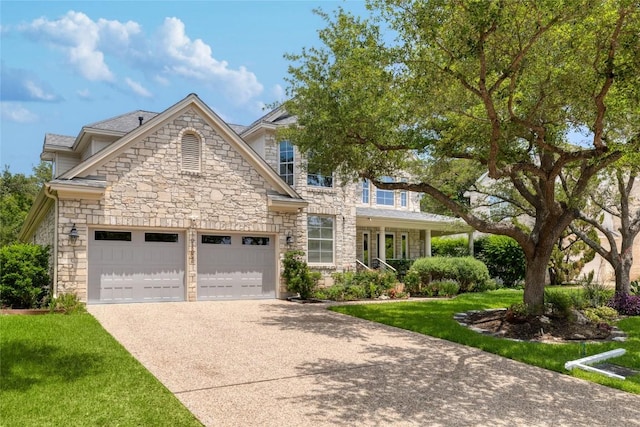 10204 Treasure Island Dr, Austin, TX 78730 - view of front of home with stone siding, driveway, an attached garage, and a front yard