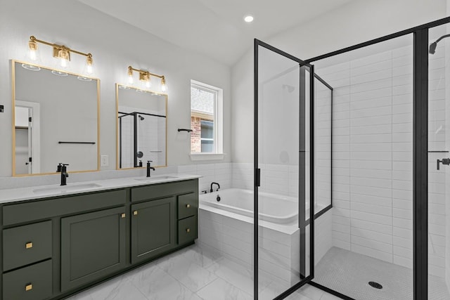 8408 Bouvreuil Dr, Austin, TX 78738 - bathroom featuring a shower stall, a bath, double vanity, and marble finish flooring