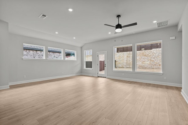 8408 Bouvreuil Dr, Austin, TX 78738 - unfurnished living room featuring ceiling fan, baseboards, light wood-type flooring, and recessed lighting