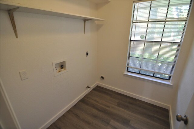 12223 Antoinette Pl, Austin, TX 78727 - washroom with dark wood finished floors, hookup for an electric dryer, laundry area, baseboards, and hookup for a washing machine