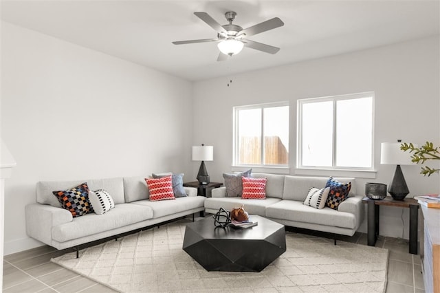 living room featuring a ceiling fan and baseboards