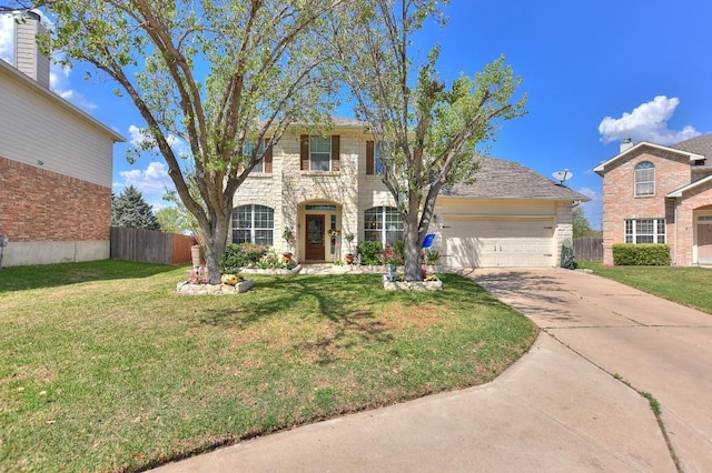 2435 Candle Ridge Trl, Georgetown, TX 78626 - view of front of home with driveway, stone siding, fence, a front lawn, and a garage