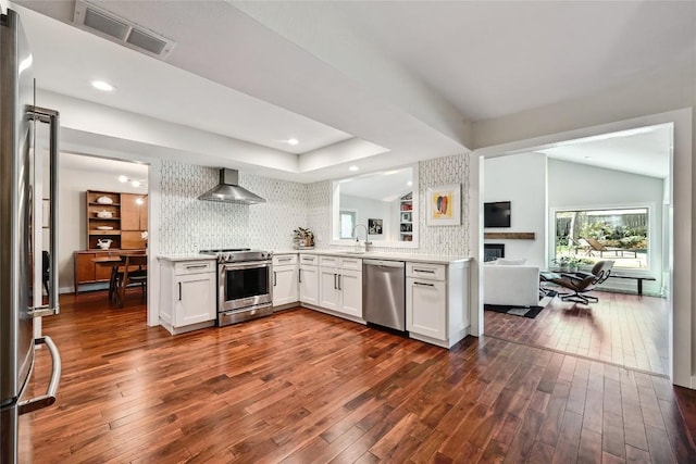 9502 Woodshire Dr, Austin, TX 78748 - kitchen featuring stainless steel appliances, wall chimney exhaust hood, a sink, light countertops, and dark wood finished floors