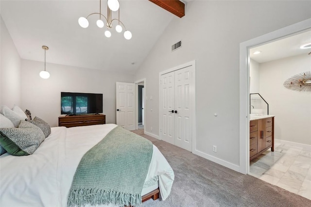 bedroom with beamed ceiling, baseboards, a closet, high vaulted ceiling, and light carpet